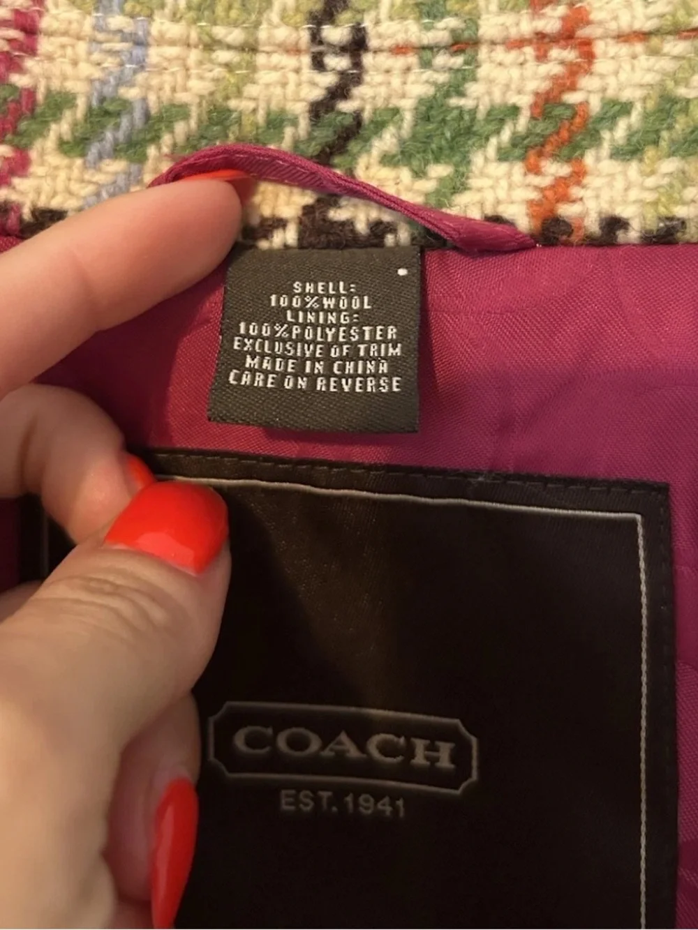 Coach Tattersall Hampton Tweed Plaid Rainbow Houndstooth Wool Pea Coat Jacket XS